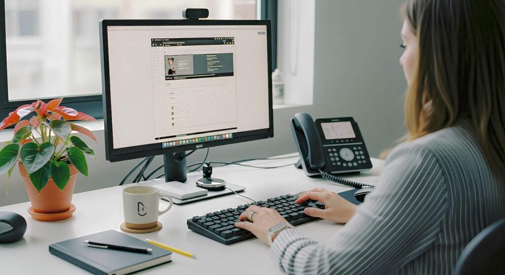 A bright, welcoming office workspace with a modern desk featuring a computer, keyboard, and phone. Include a person sitting at the desk