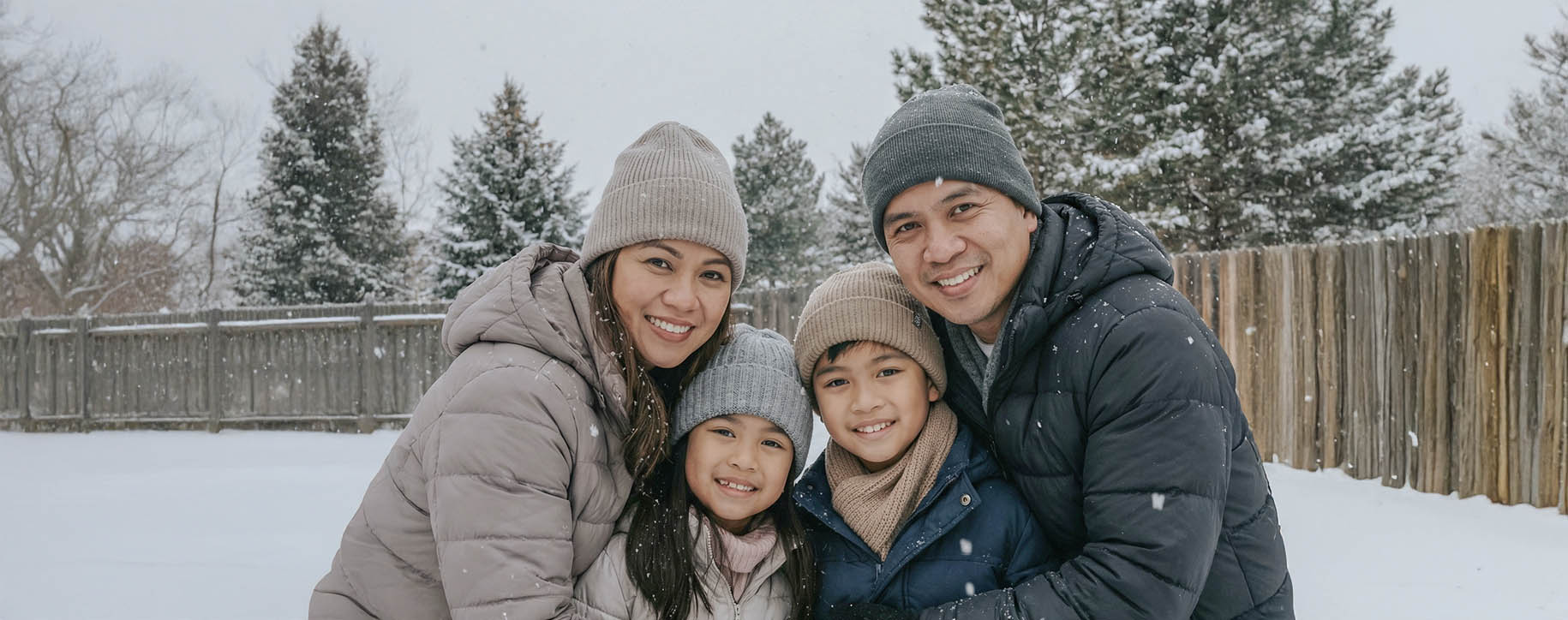 Family posing in snowy landscape.