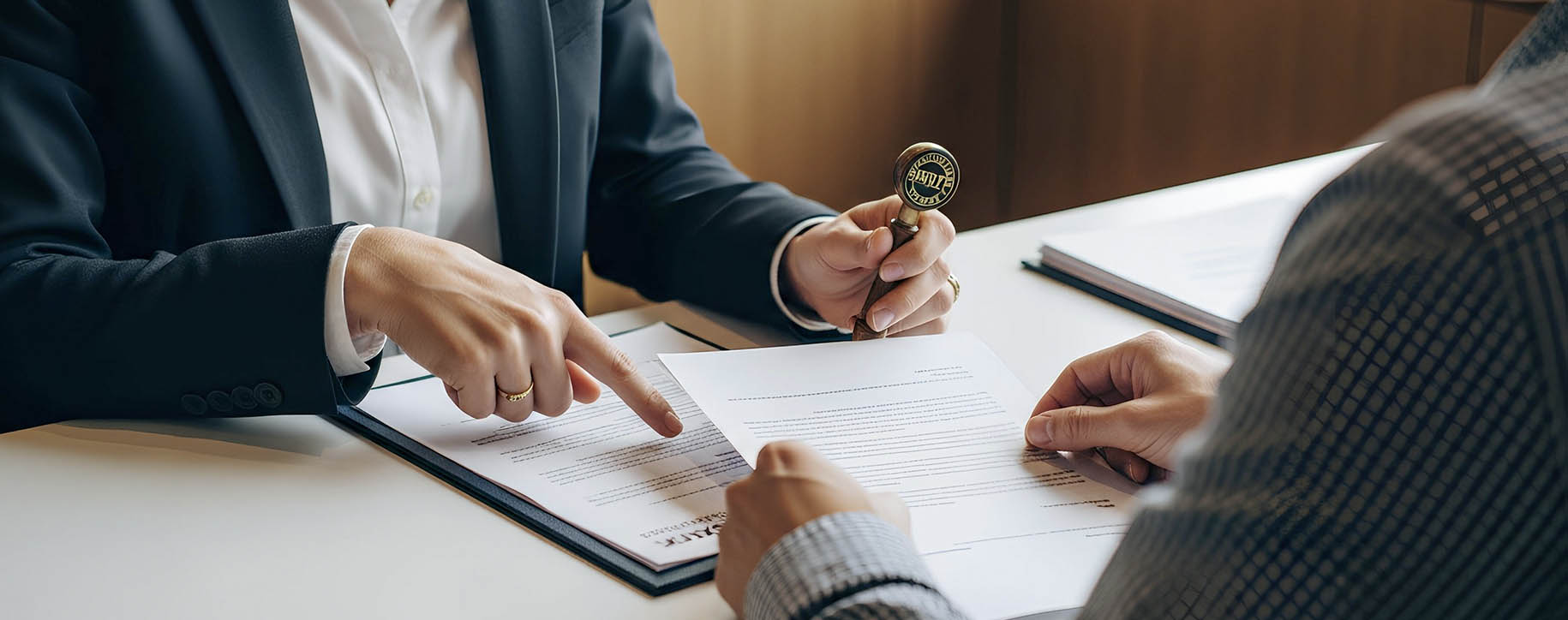 Notary signing documents with client