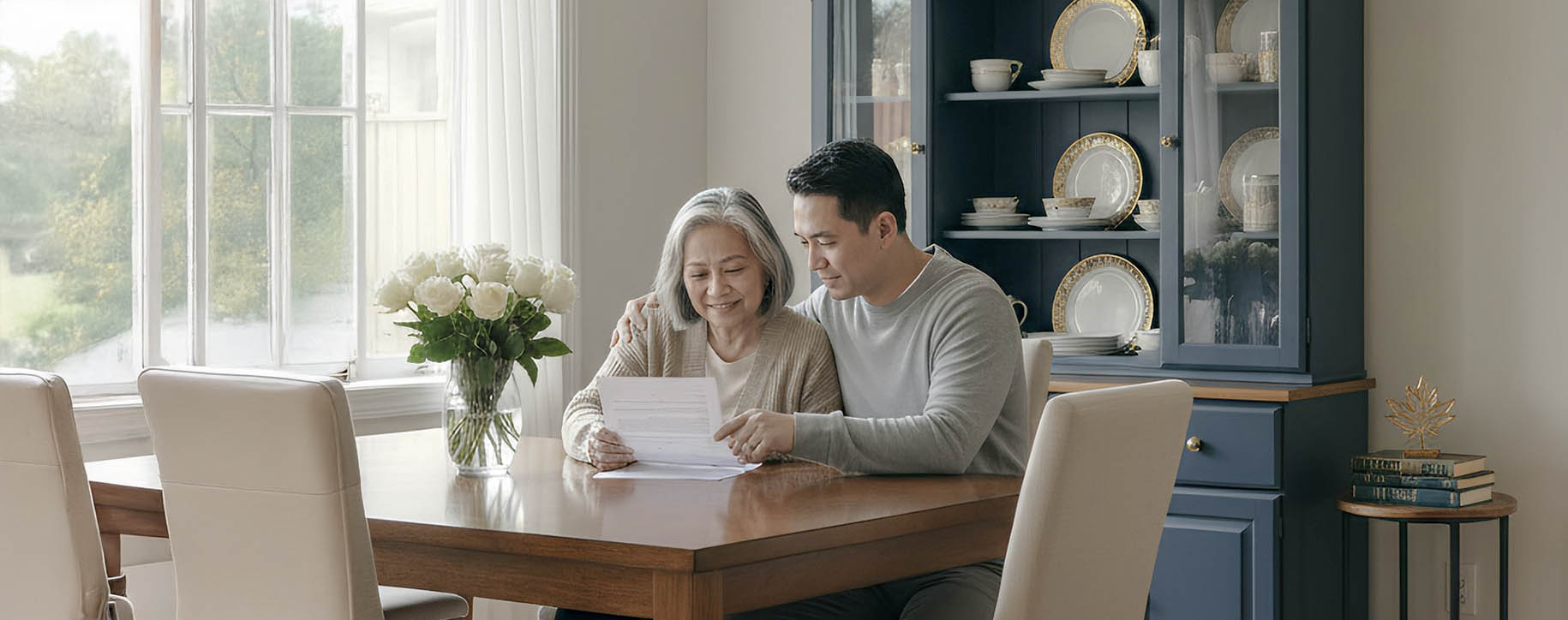 Elder mother and son reviewing documents at table.