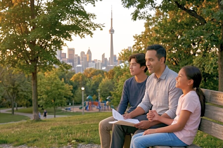 A family sits on a park bench, contemplating their future with a city skyline in the background, symbolizing new beginnings.