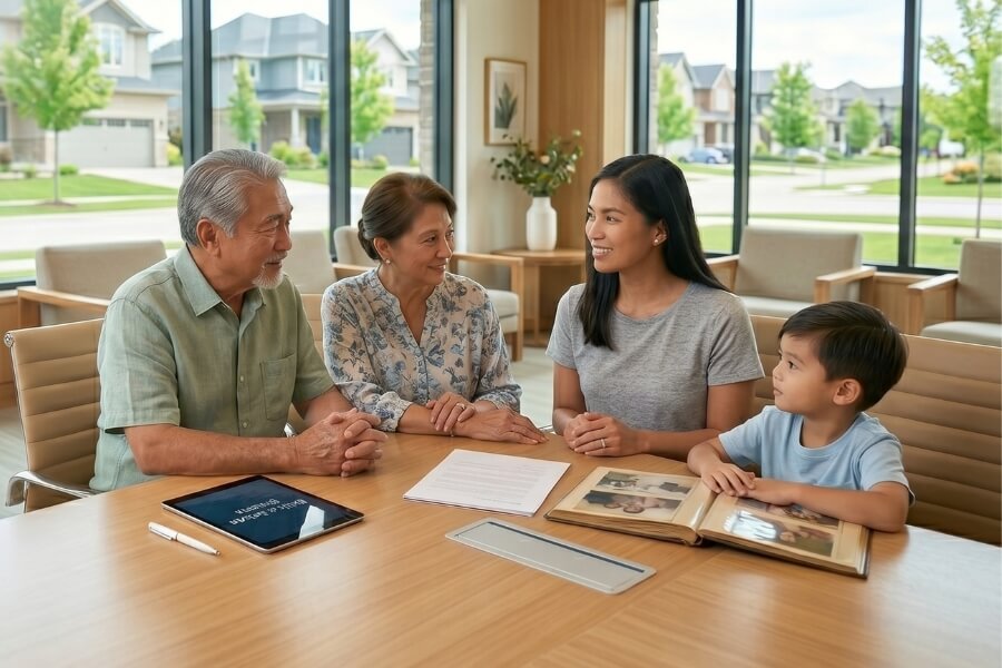 A family of four gathered around a table, engaging about wills and estate with a tablet in the center, sharing smiles and conversation.