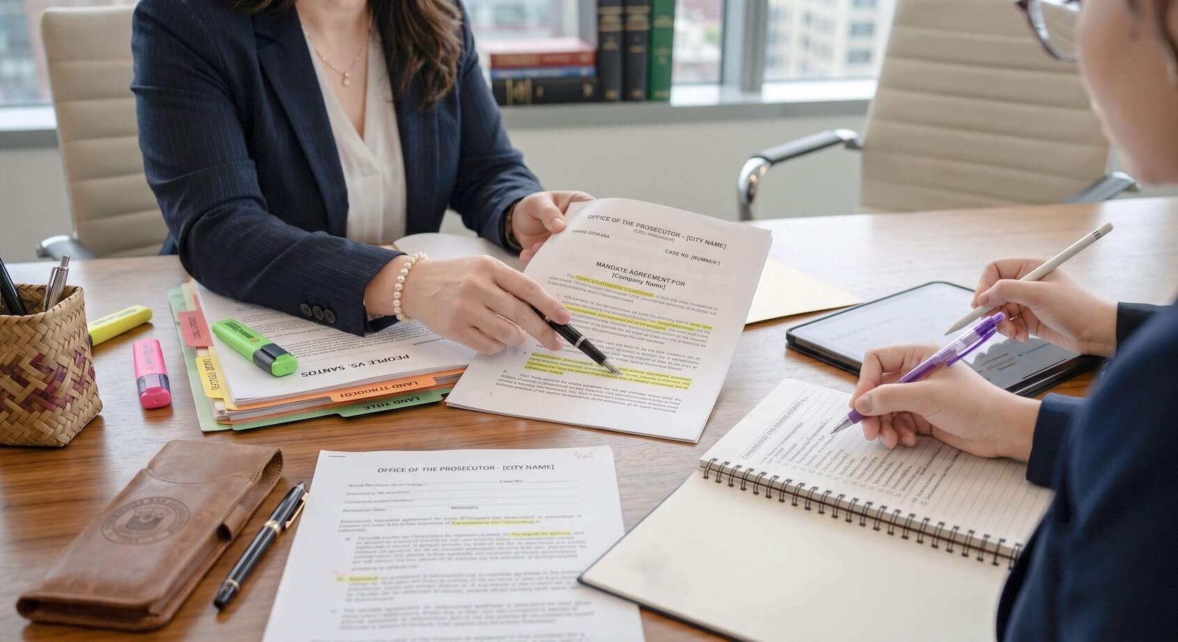 Close-up of a lawyer and paralegal reviewing and highlighting legal documents on a wooden desk.