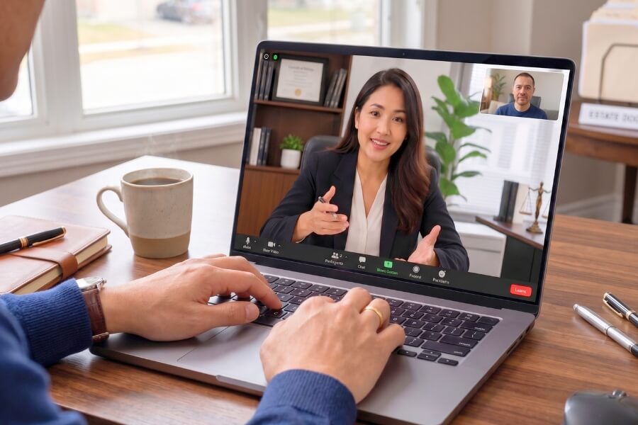 A man video chatting with a woman on his laptop, both engaged in conversation.