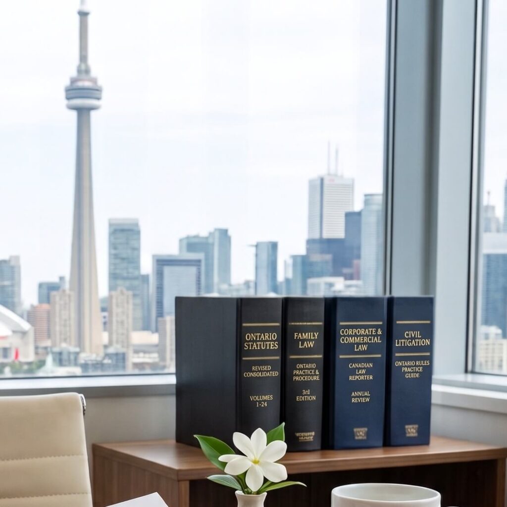 a row of clearly legible legal reference books, including "Ontario Statutes" and "Toronto Municipal Code," sits next to a white mug labeled "Paralegal Services Toronto," with the Toronto skyline and CN Tower visible through the office window.