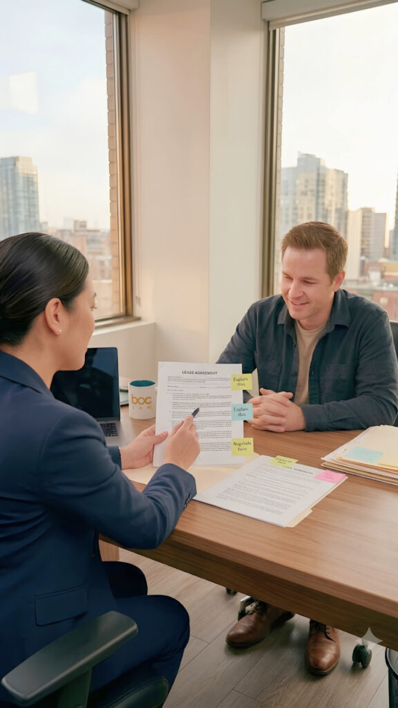 A professional Filipina contract review lawyer in Toronto discussing a lease agreement with a client in a North York office.