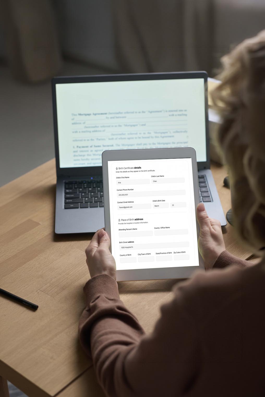 A person filling out an online PSA birth certificate application form on a tablet screen, showing a fast and convenient way to request Philippine civil registry documents from Canada.