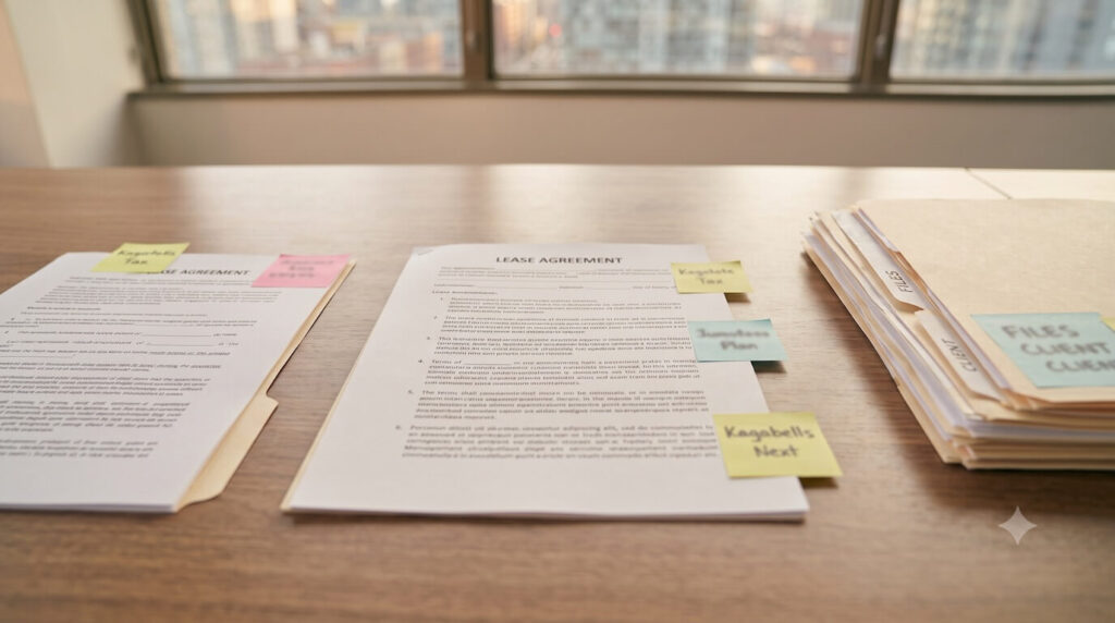 Close-up of confidential legal contracts and file folders on a desk in a Toronto law office, representing professional document drafting and legal review services.