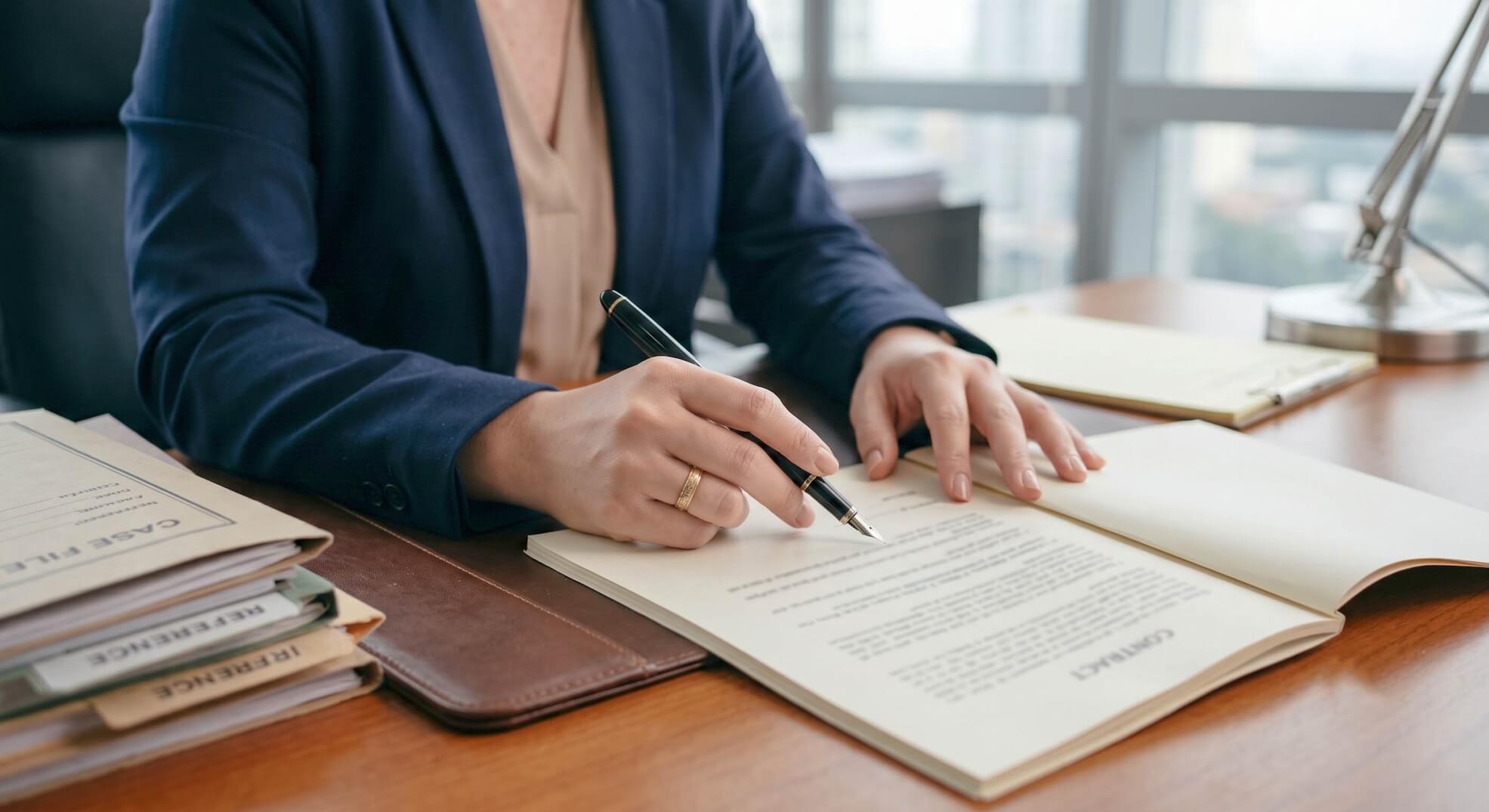 Professional female lawyer reviewing paperwork with a fountain pen on a desk with a leather pad and legal reference folders.