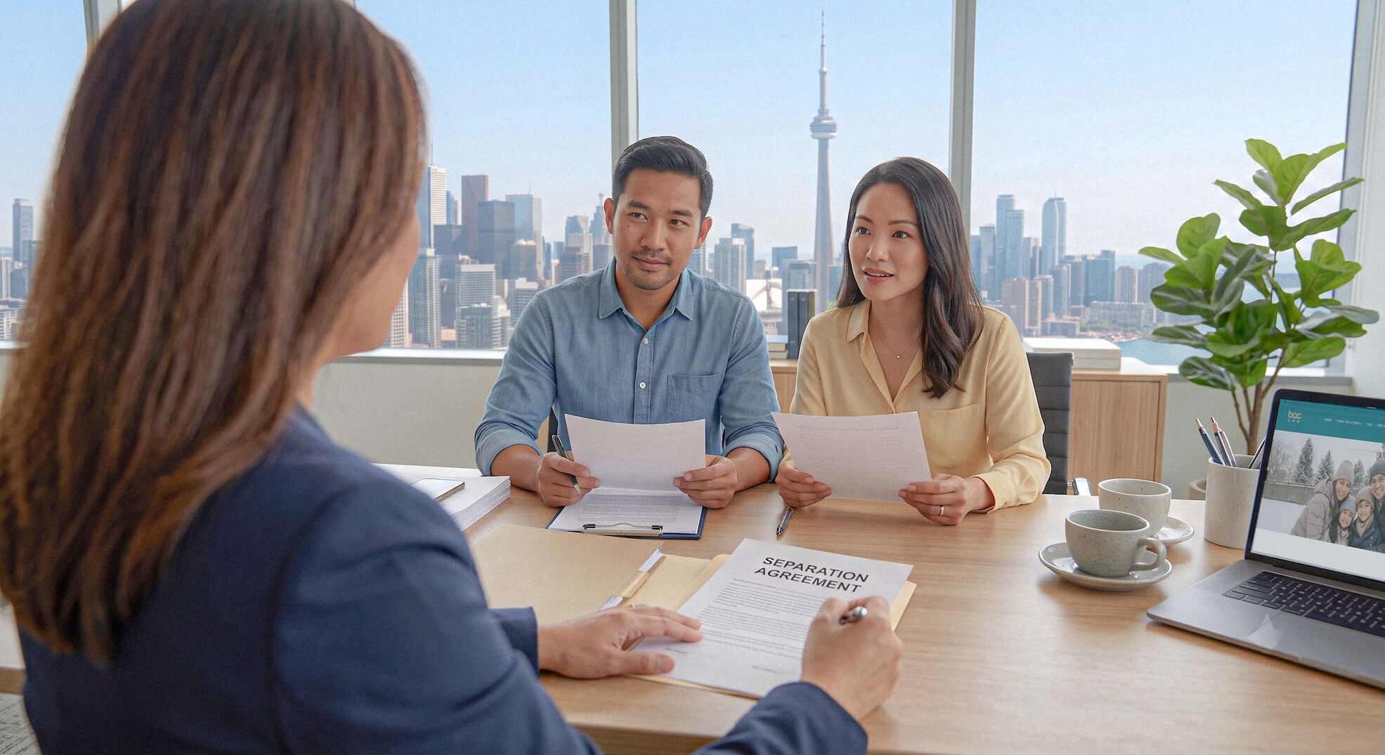 A Filipino-Canadian couple consulting with a family lawyer in a Toronto office overlooking the CN Tower to review a separation agreement.