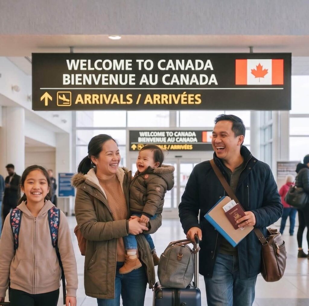 A joyful Filipino family with their luggage smiling under a Welcome to Canada airport sign after a successful immigration process.