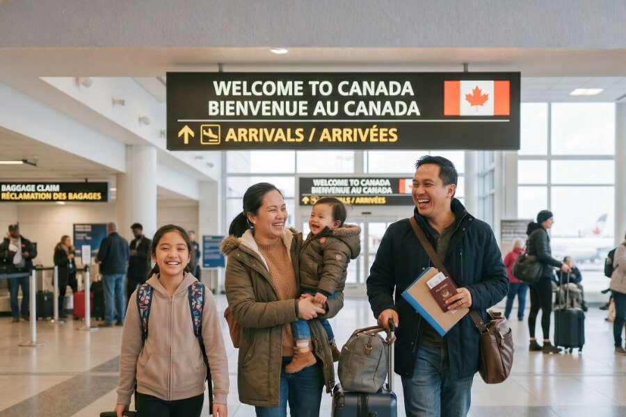 A joyful Filipino family stands at a Canadian airport, ready to embark on their new adventure in Canada.