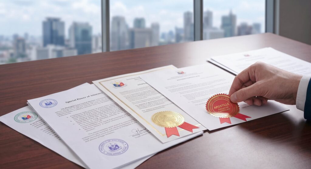 A close-up of a professional's hand affixing a gold adhesive Apostille seal with red ribbons to official legal documents spread across a wooden desk. The paperwork includes a Special Power of Attorney and Extra-Judicial Settlement documents, representing apostille assistance and document authentication services for international use, with a modern city skyline in the background."