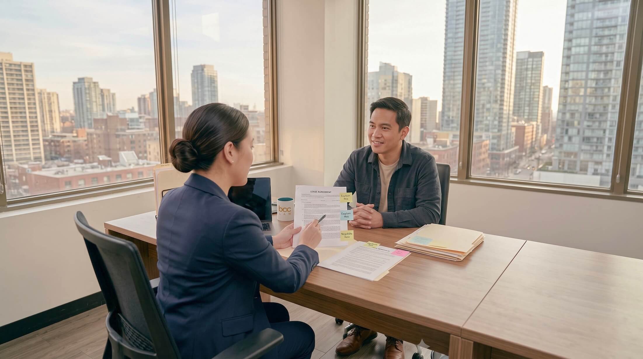 Filipino-Canadian lawyer reviewing legal documents at a desk in a Toronto law office, specializing in document drafting and legal opinions.