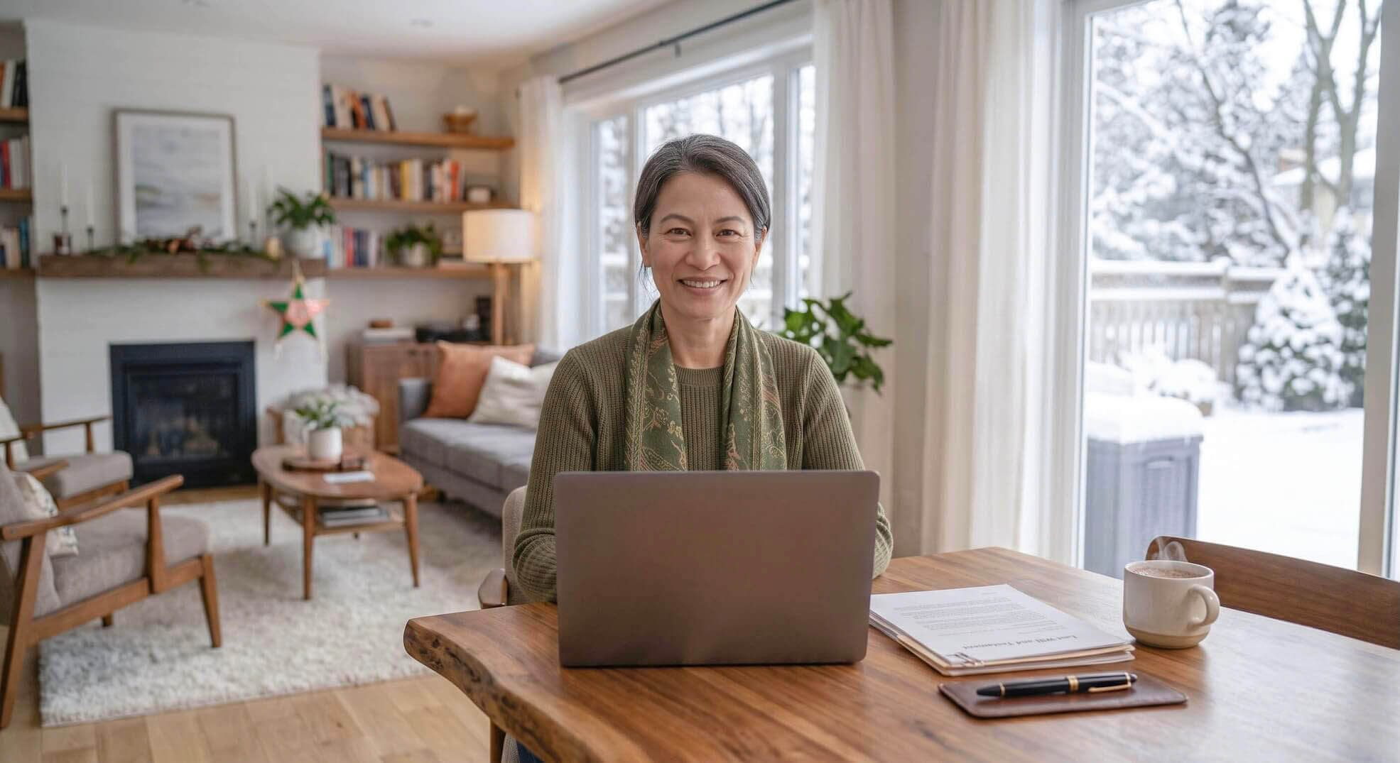 A client preparing for a remote virtual signing and legal document review at home during winter, highlighting accessible online will services in Ontario.