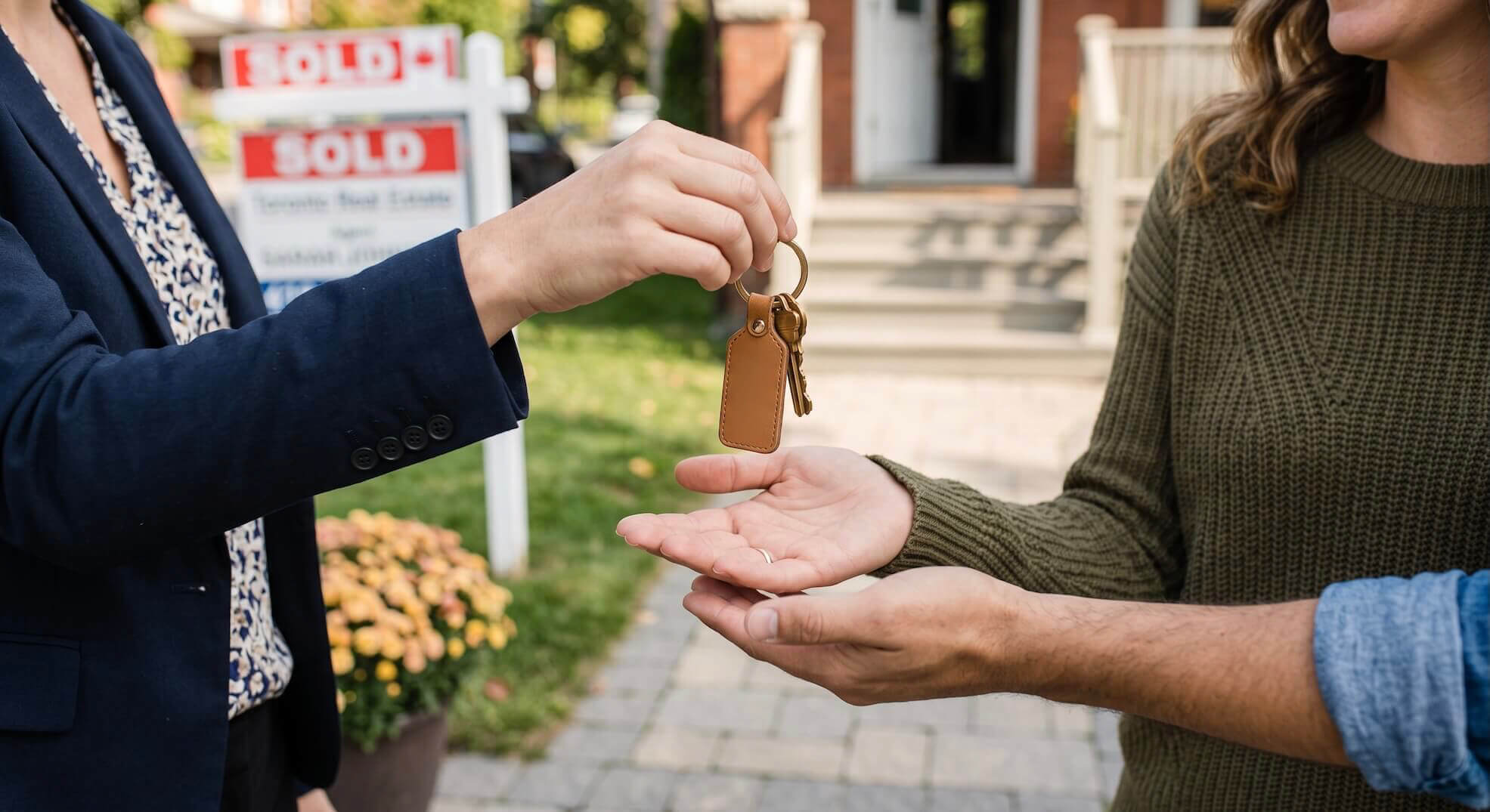 Close-up of a real estate professional handing house keys to buyers in front of a sold property, illustrating successful real estate transaction guidance in Toronto.